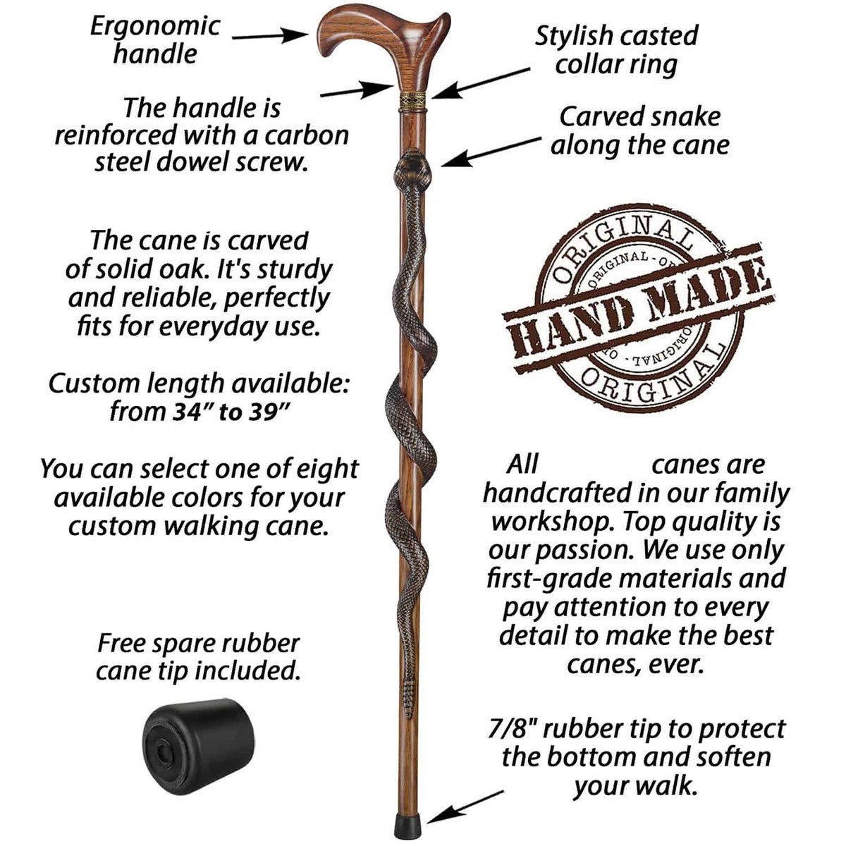 Artist Carved Solid Oak Black Mamba Snake Cane - Custom Colour and Length
