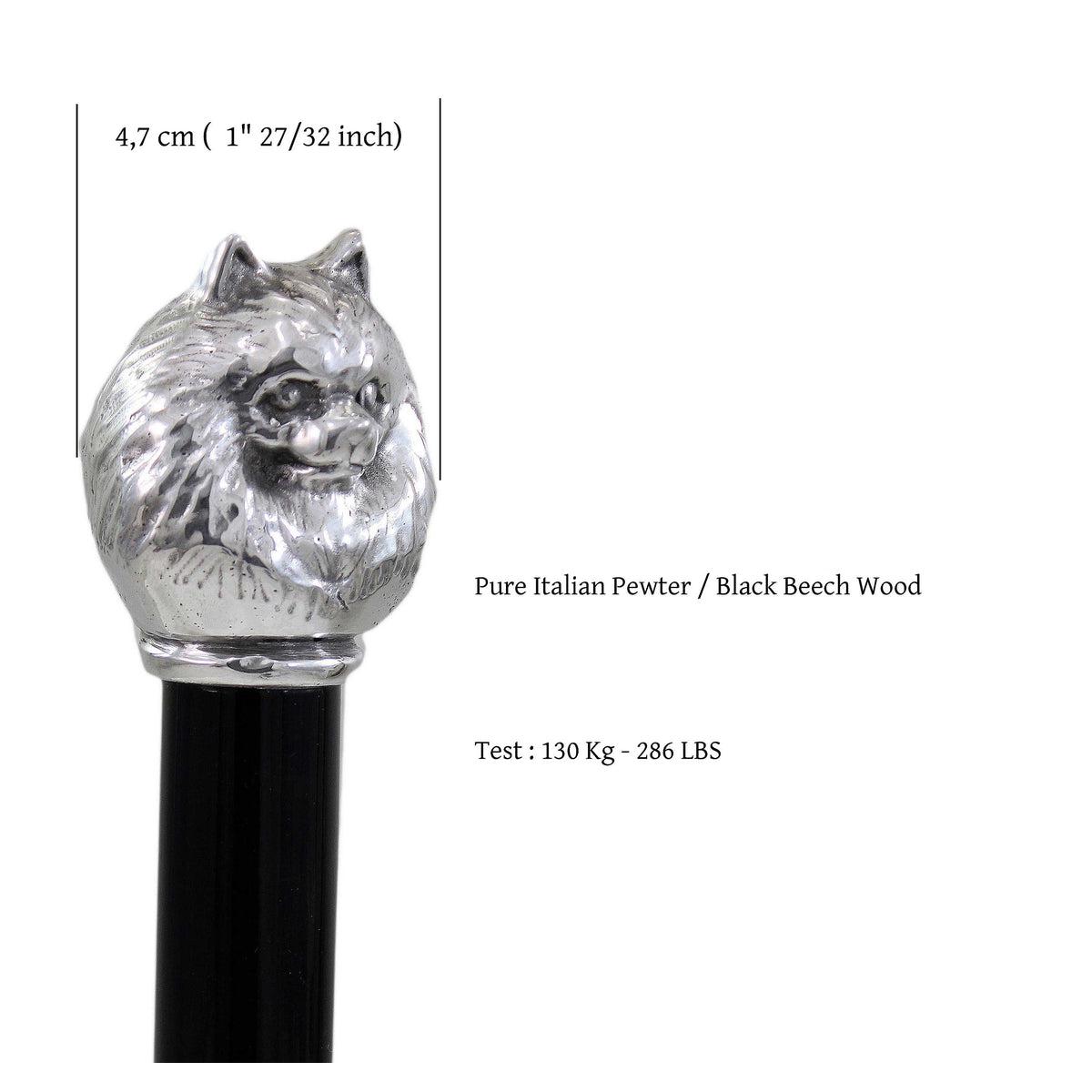 Custom Beechwood and Solid Pewter Pomerian Dog Cane or Walking Stick