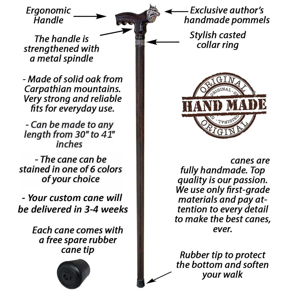Fashionable Custom Solid Oak Lynx Cat Cane or Walking Stick