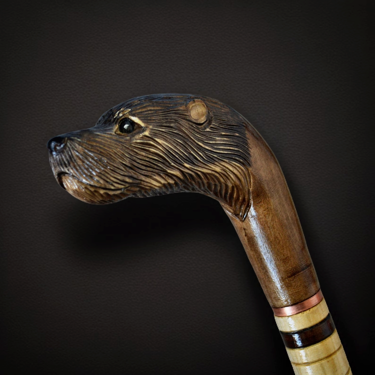 Hand-Carved Otter Head Wooden Walking Stick - Custom Paint and Length
