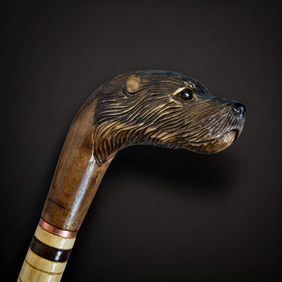 Hand-Carved Otter Head Wooden Walking Stick - Custom Paint and Length