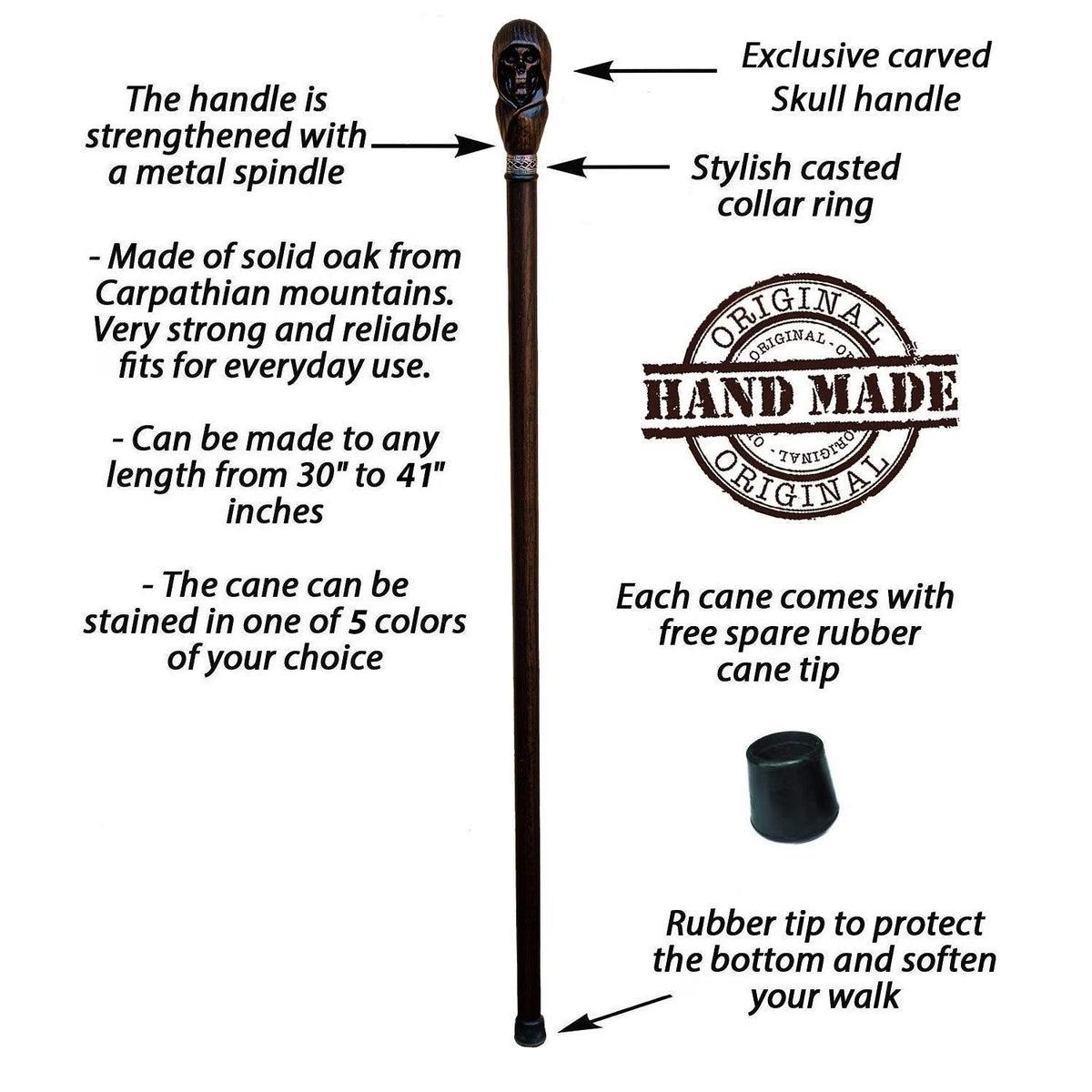 Hand-Carved Wooden Grim Reaper Skull Cane Or Walking Stick