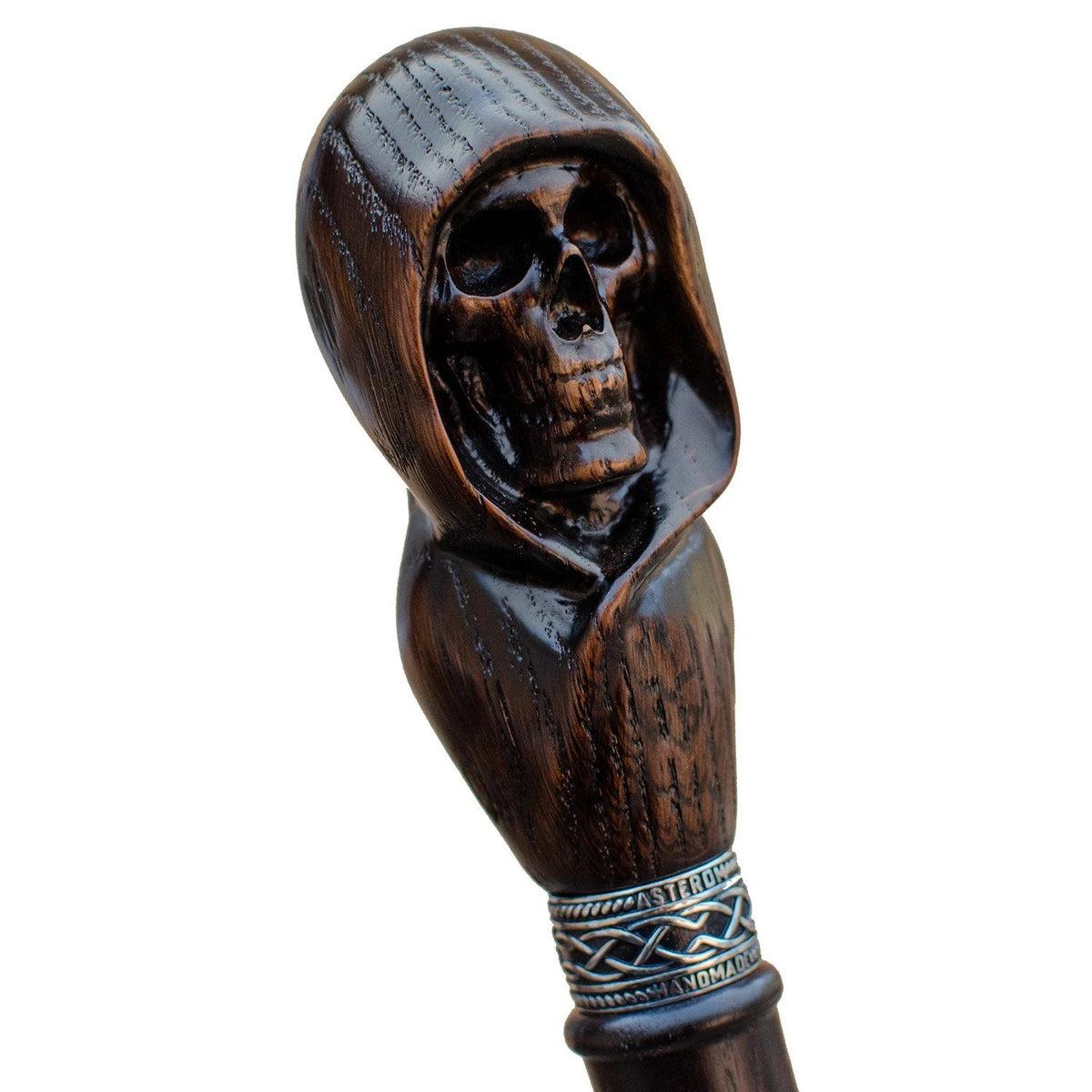 Hand-Carved Wooden Grim Reaper Skull Cane Or Walking Stick