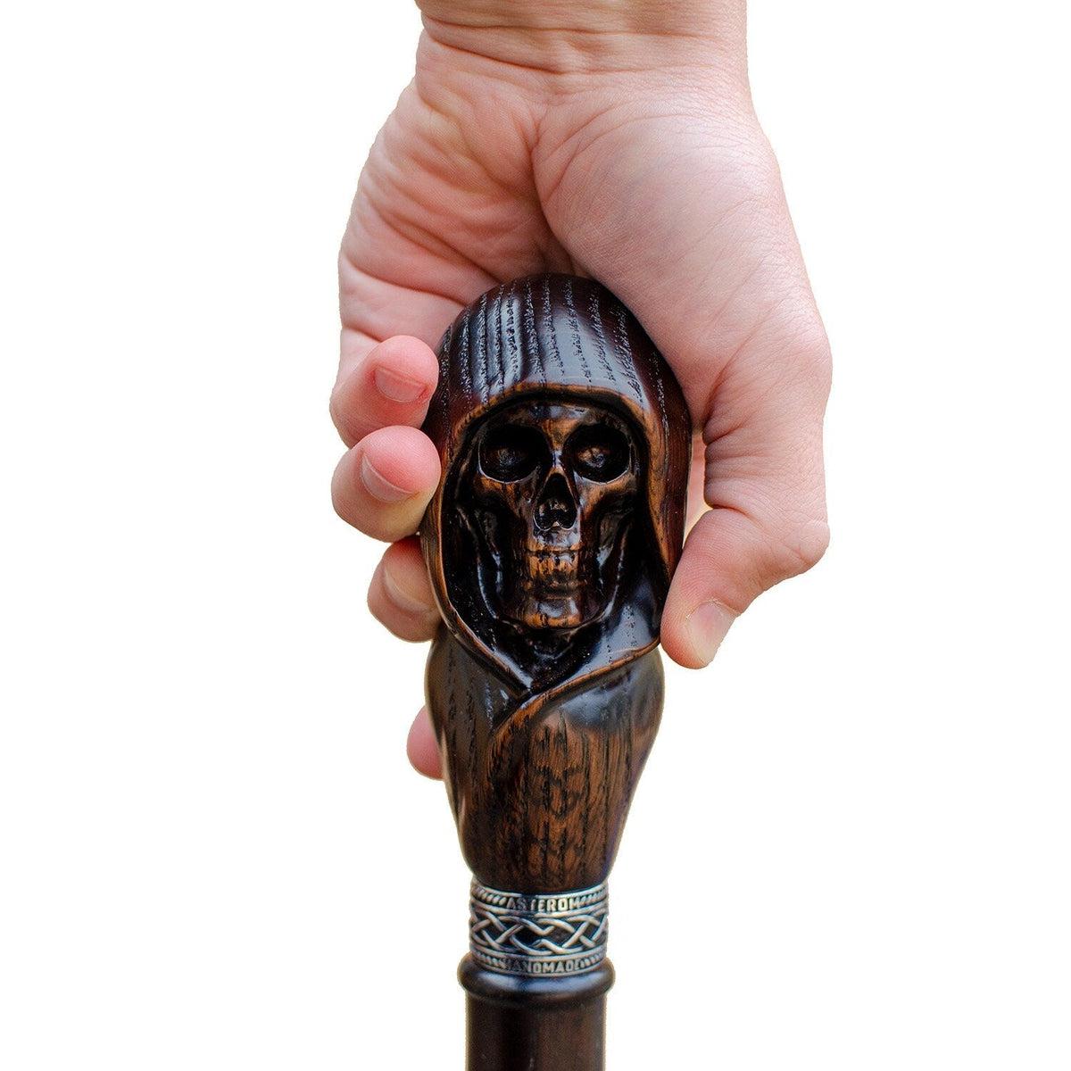 Hand-Carved Wooden Grim Reaper Skull Cane Or Walking Stick