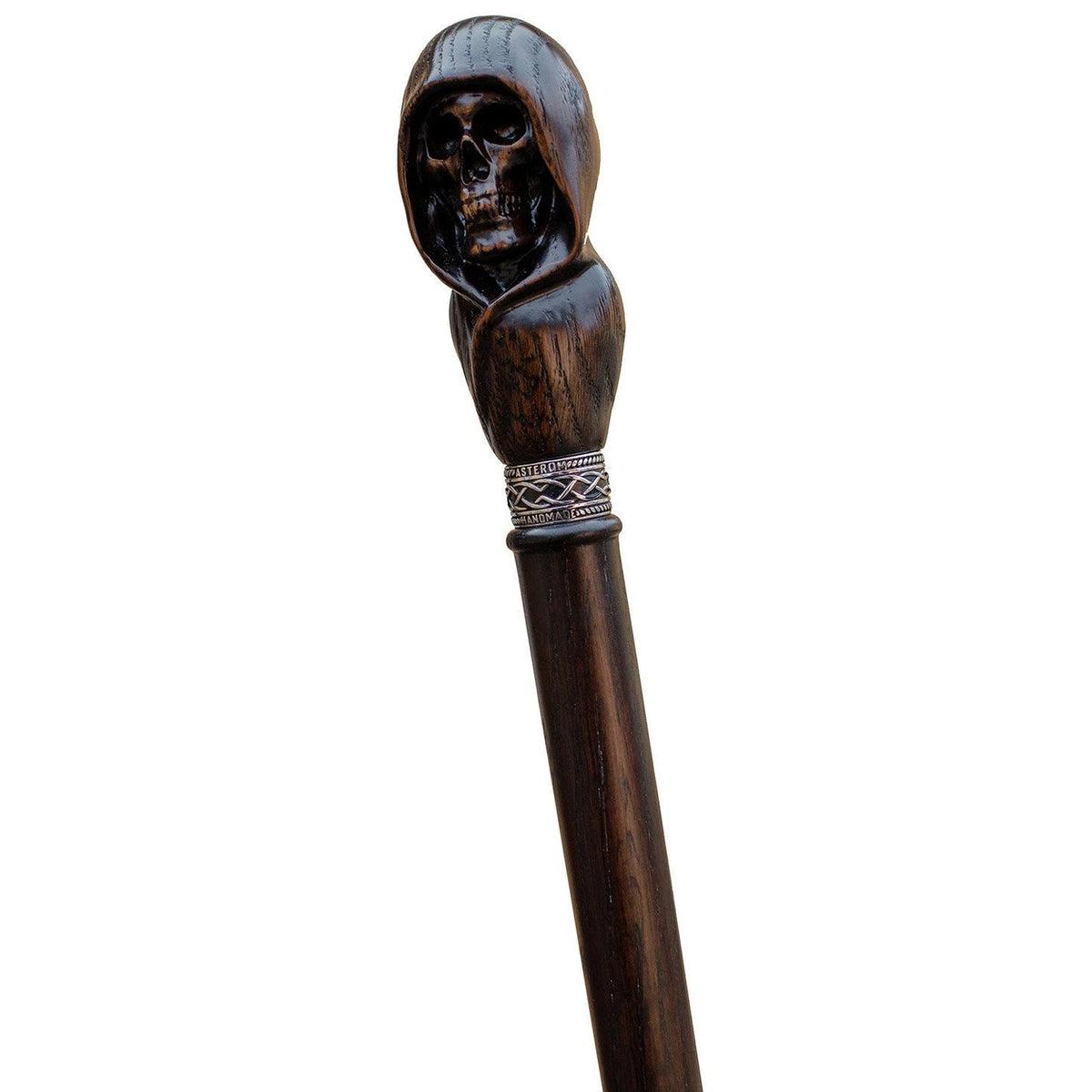 Hand-Carved Wooden Grim Reaper Skull Cane Or Walking Stick