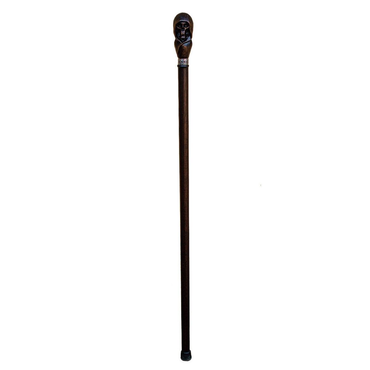 Hand-Carved Wooden Grim Reaper Skull Cane Or Walking Stick