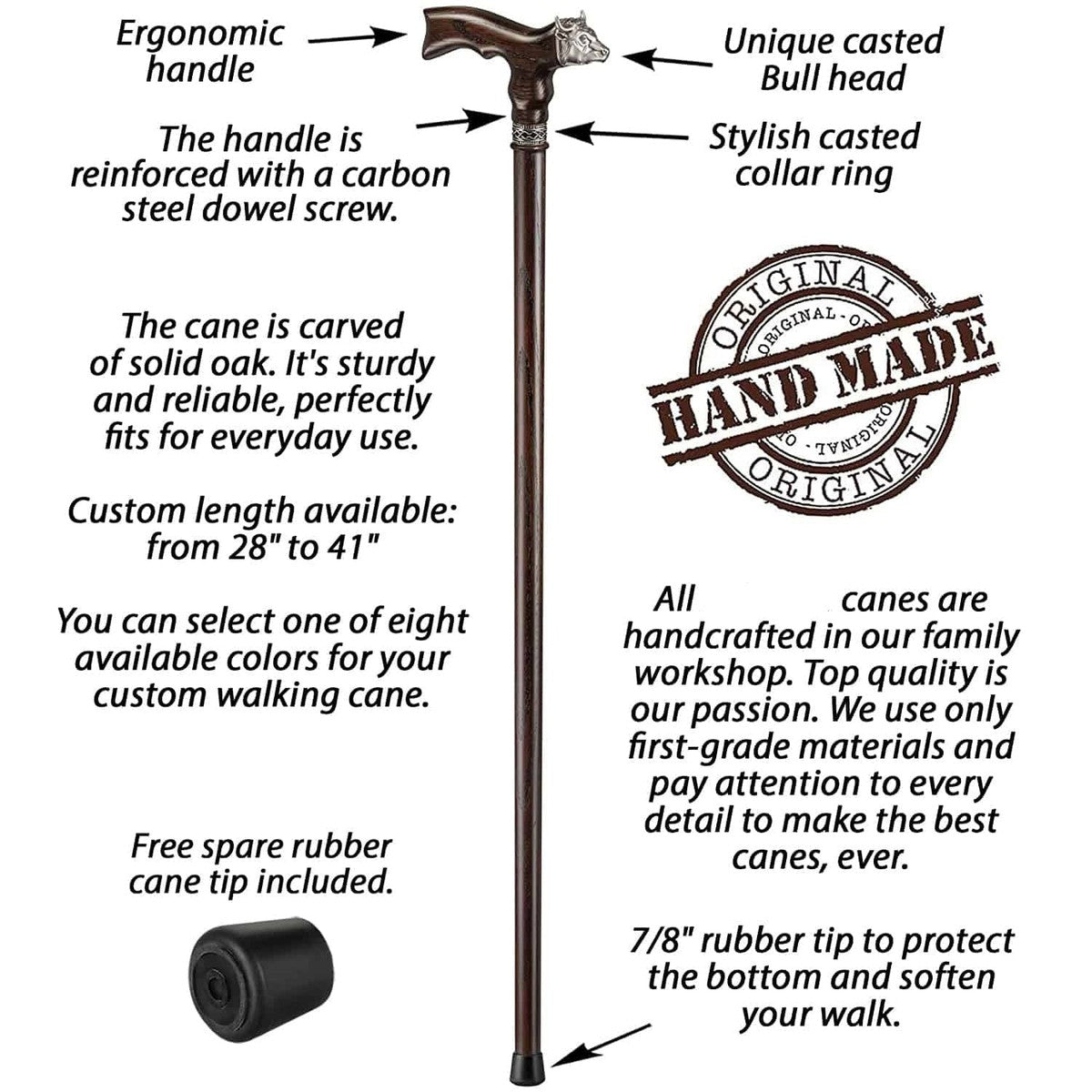 Hand Made Solid Oak Bull Cane - Custom Lengths and Colours