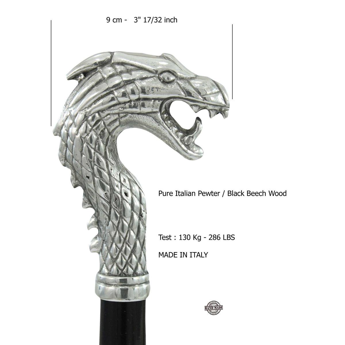 Pewter Dragon Head Wooden Walking Cane - Custom