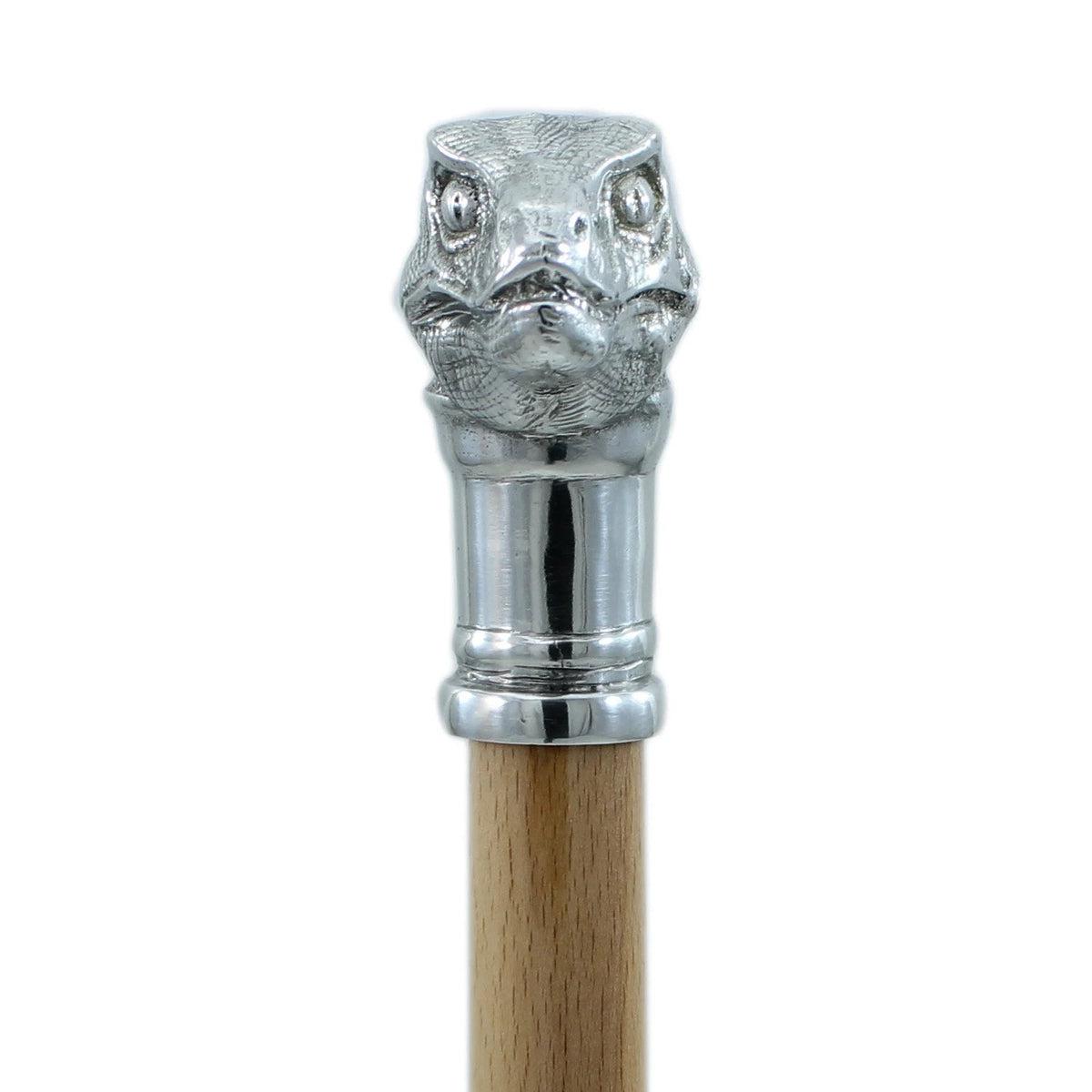 Pewter Raptor Head Cane or Walking Stick - Custom Wooden From Italy