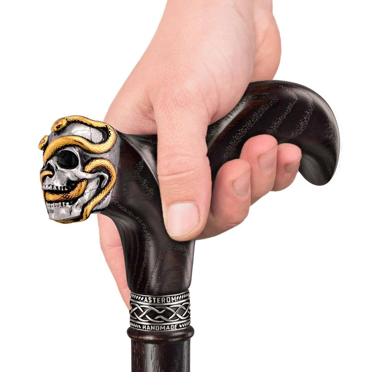 Custom Made Wooden Snakes and Skull Walking Cane or Stick