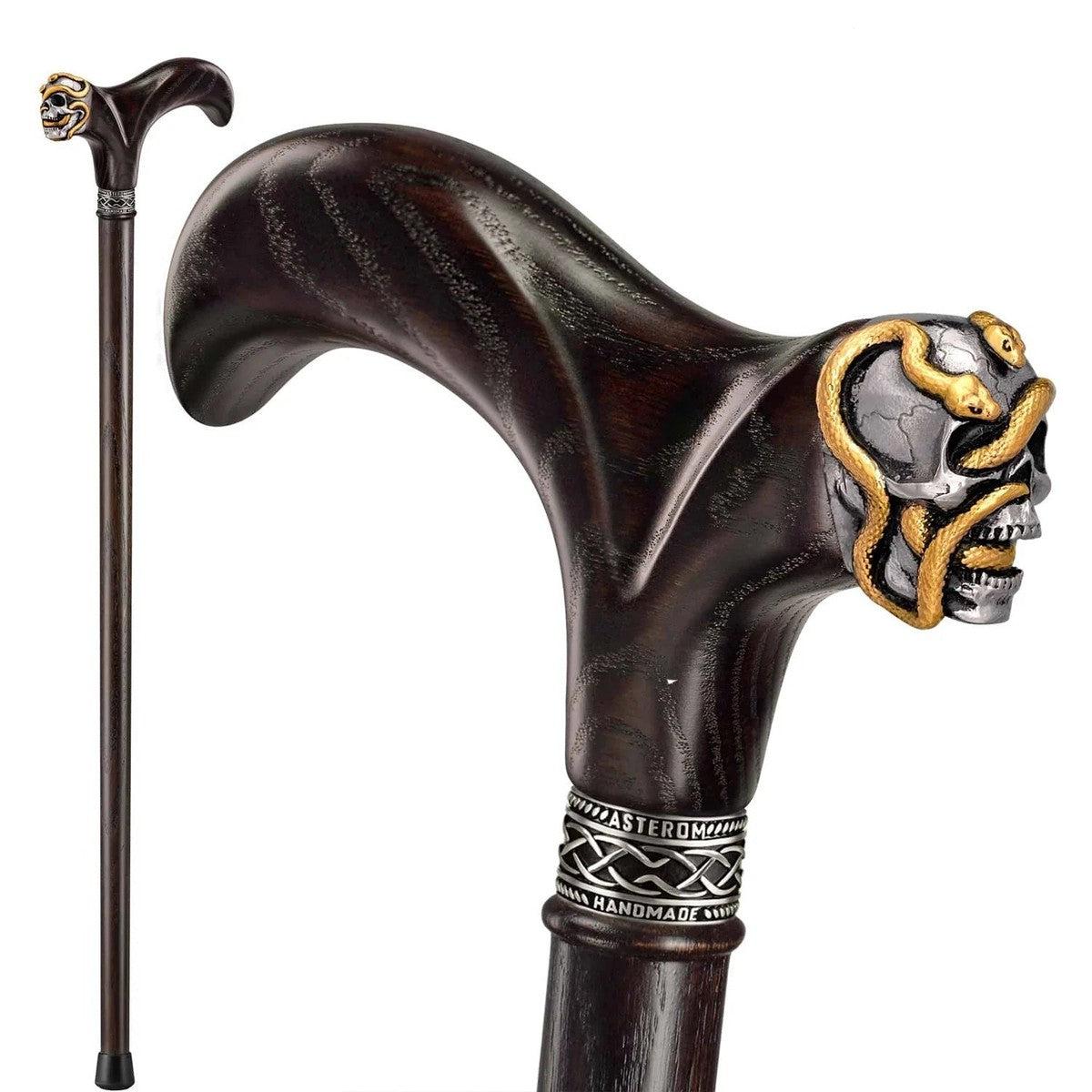 Custom Made Wooden Snakes and Skull Walking Cane or Stick