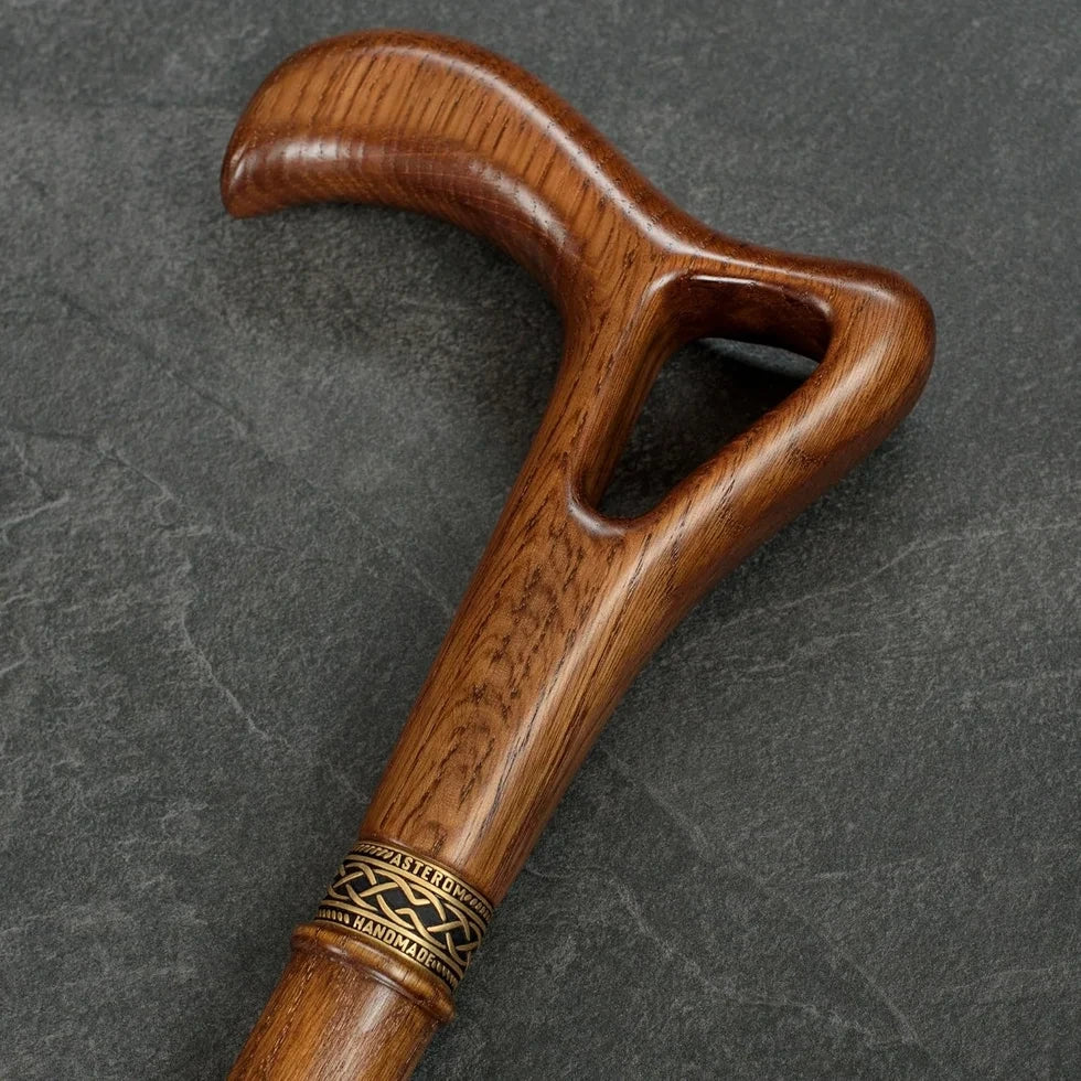 Hand-Carved Ergonomic Walking Cane – Solid Oak Open-Grip Handle