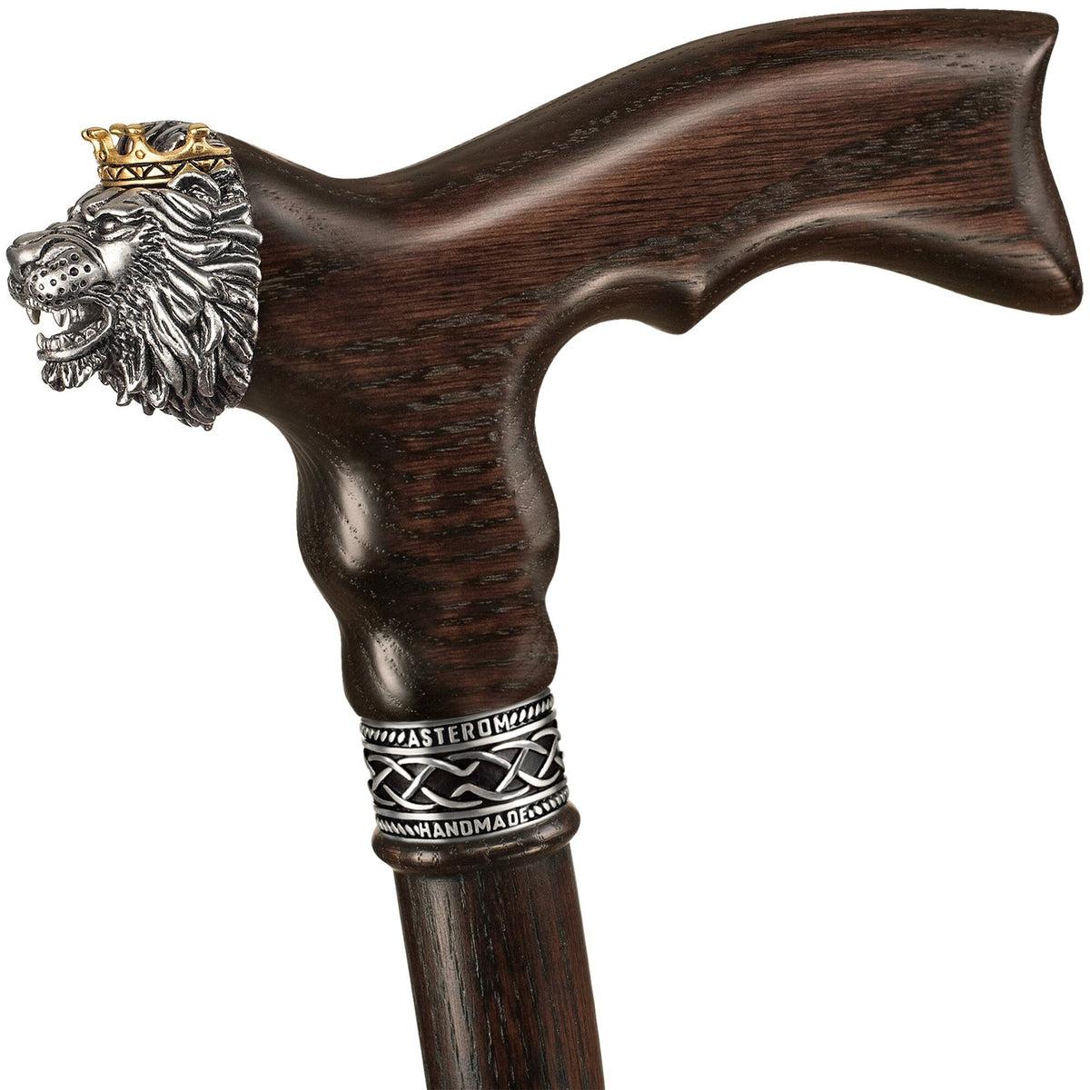 Designer Custom Solid Oak Lion Head Walking Stick or Cane