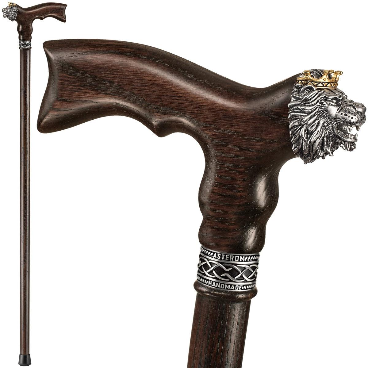 Designer Custom Solid Oak Lion Head Walking Stick or Cane