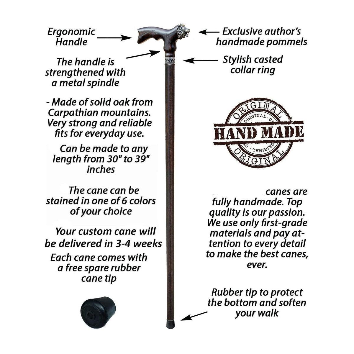 Designer Custom Solid Oak Lion Head Walking Stick or Cane