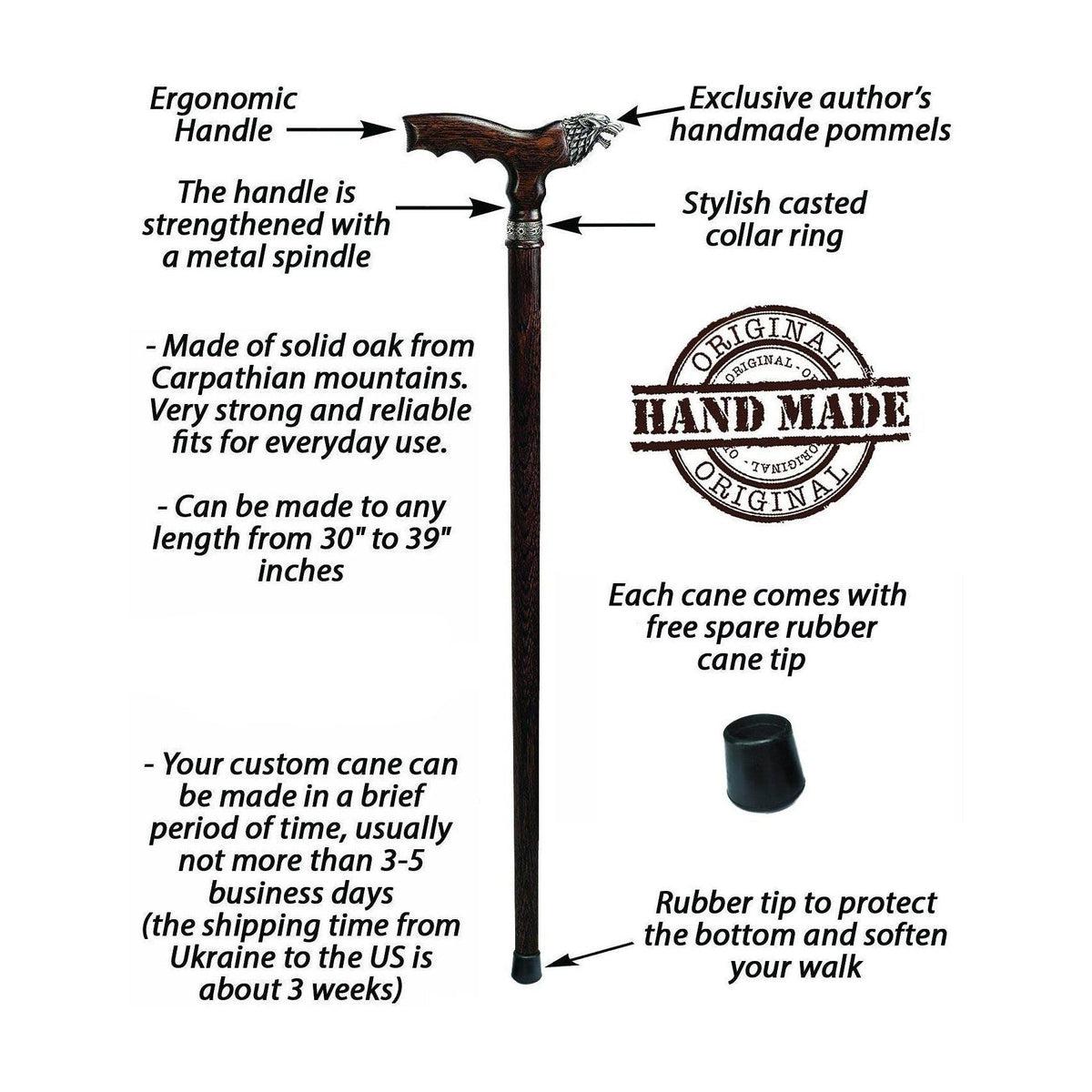 Hand Carved Custom Wooden Dire Wolf Cane or Walking Stick