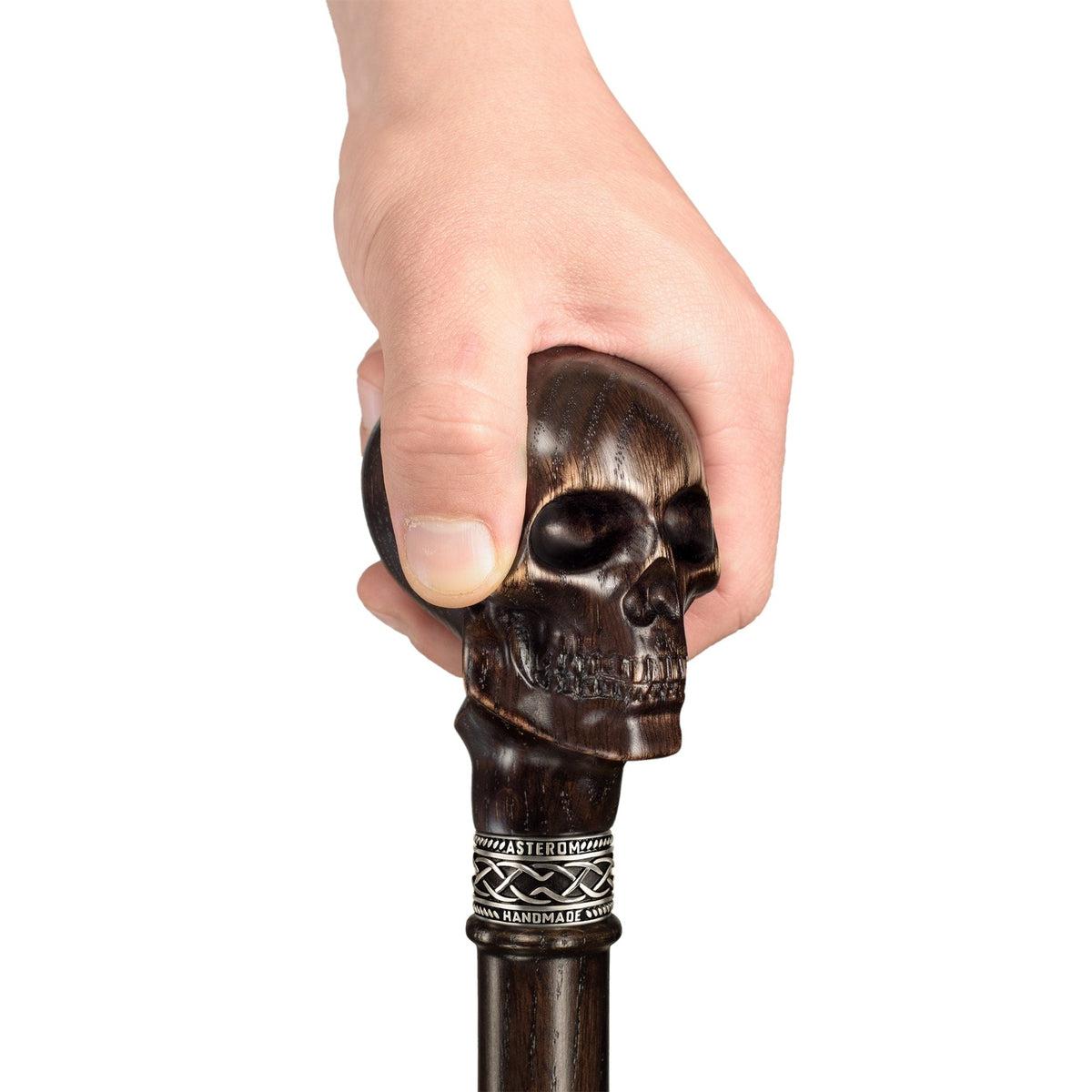 Solid Oak Wood Hand Carved Skull Knob Cane Or Walking Stick