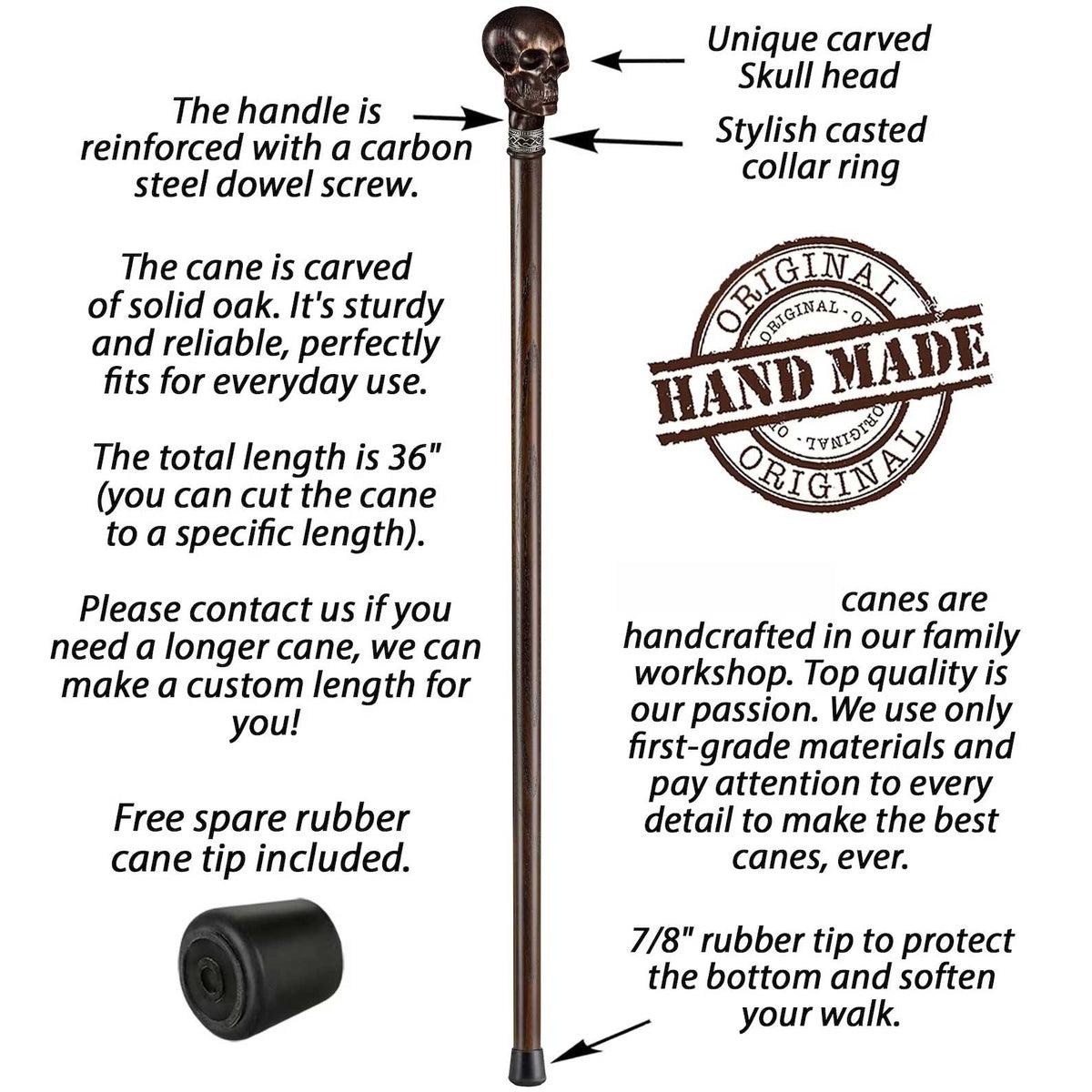 Solid Oak Wood Hand Carved Skull Knob Cane Or Walking Stick