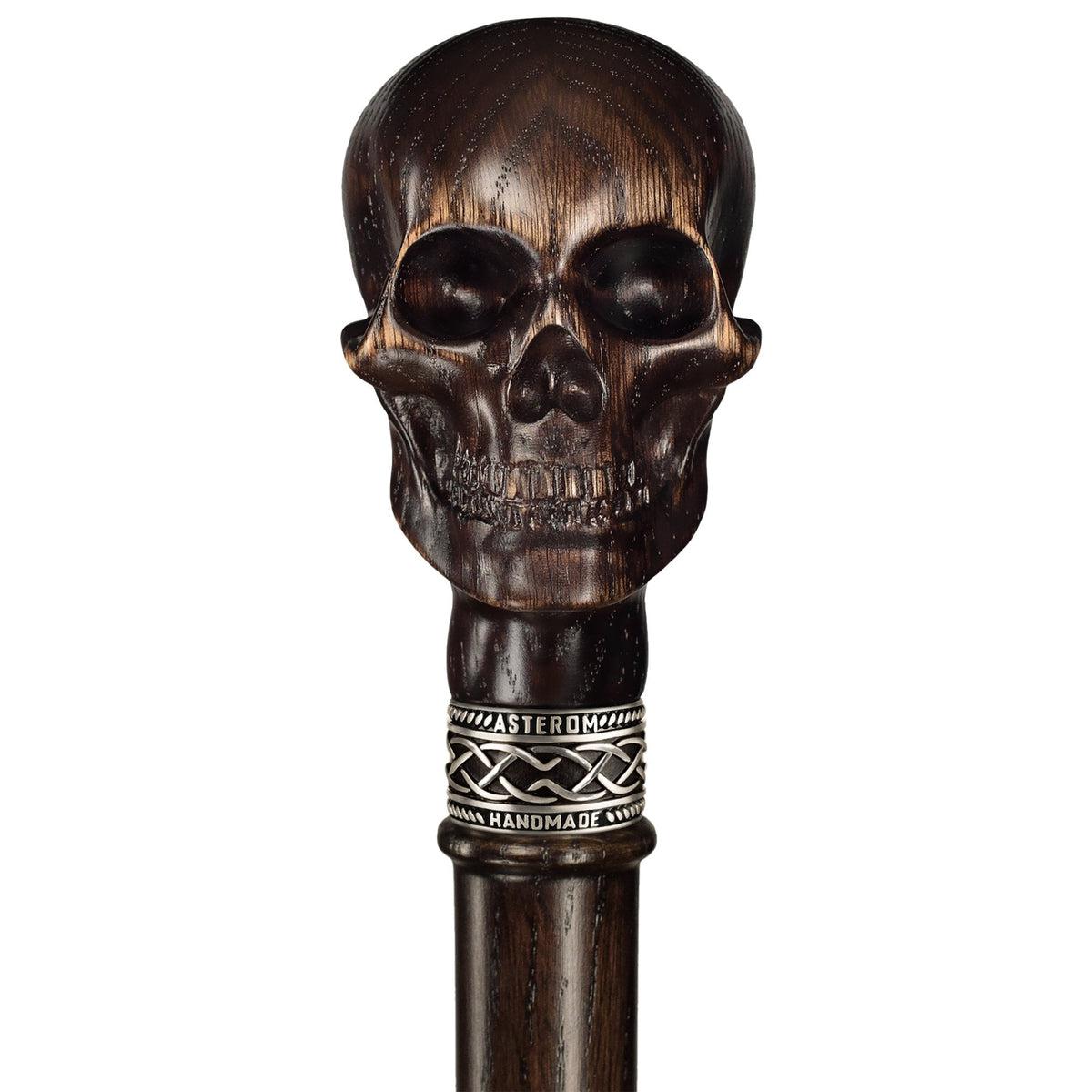 Solid Oak Wood Hand Carved Skull Knob Cane Or Walking Stick