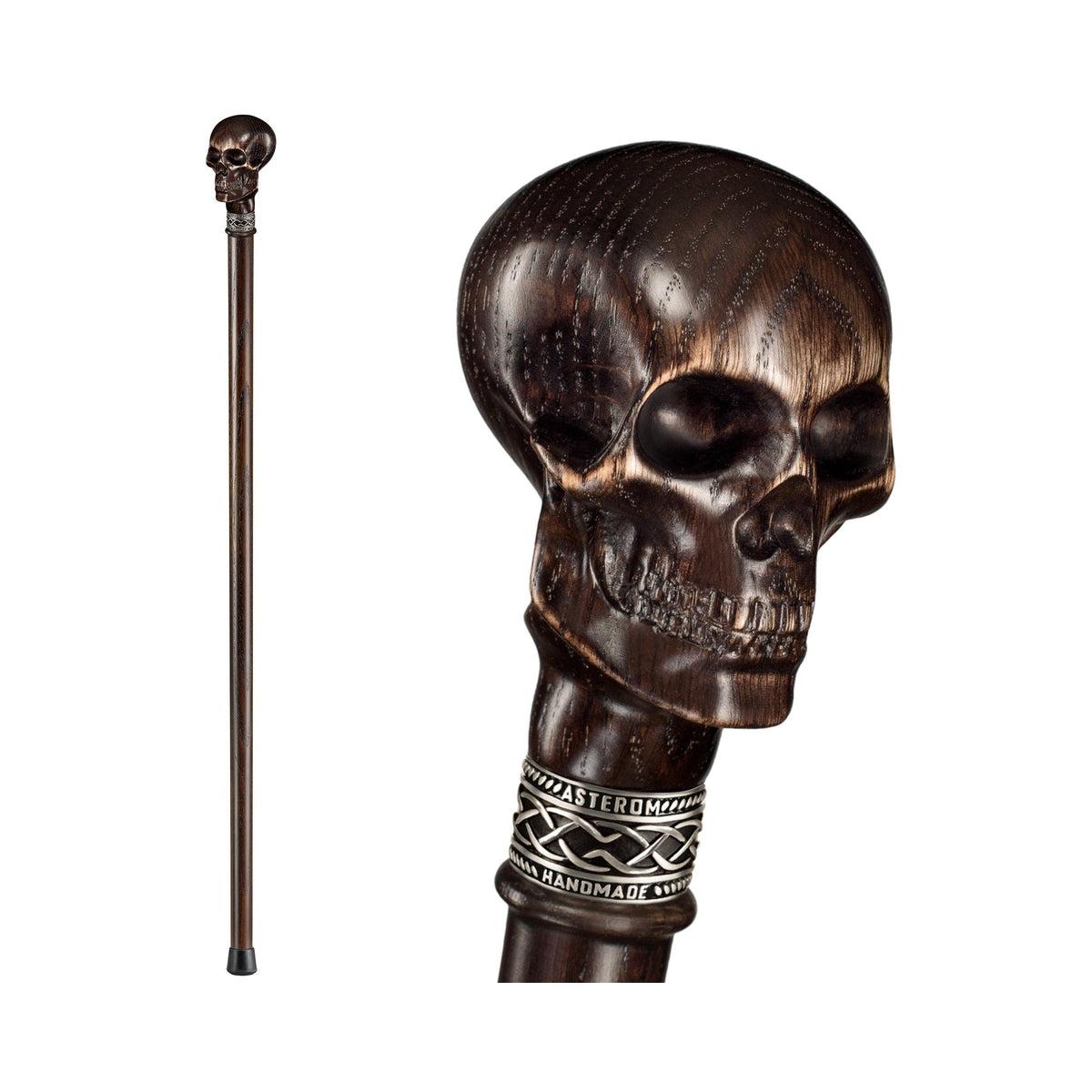 Solid Oak Wood Hand Carved Skull Knob Cane Or Walking Stick