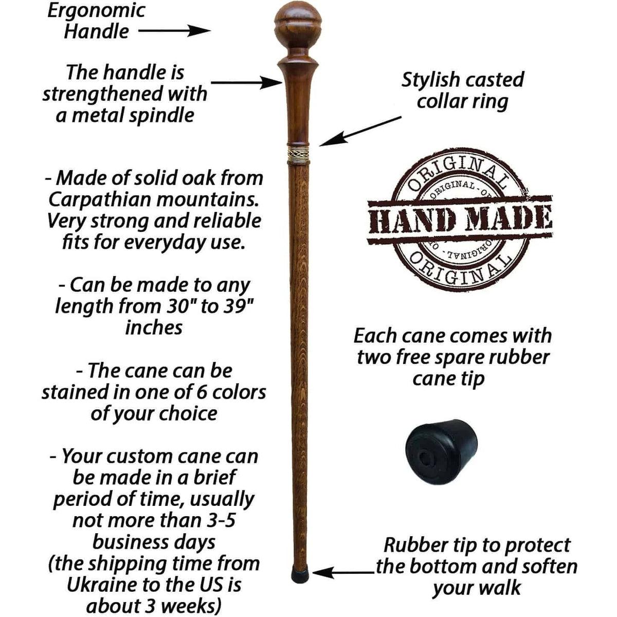 Unique Custom Made 2 Piece Solid Oak Knob Walking Stick or Cane