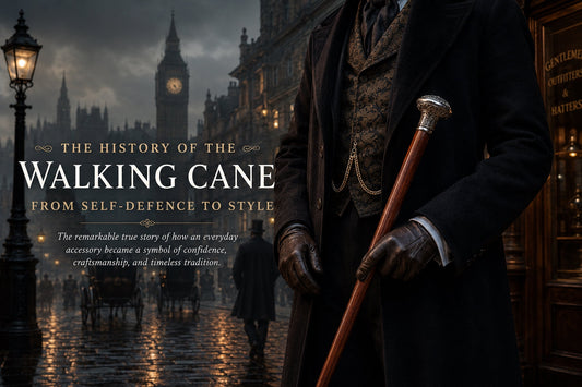 A Victorian gentleman carrying an elegant wooden walking cane on a foggy London street, illustrating the historical connection between walking canes, gentlemanly fashion, and personal protection.