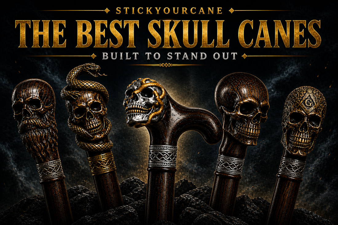 Collection of handcrafted skull walking canes with unique designs including bearded skull, snake skull, and gothic styles from StickYourCane