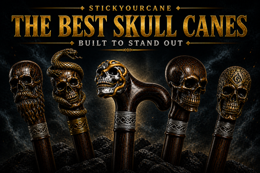 Collection of handcrafted skull walking canes with unique designs including bearded skull, snake skull, and gothic styles from StickYourCane