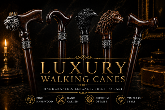 Luxury handcrafted walking canes with lion, raven, bear and designer handles