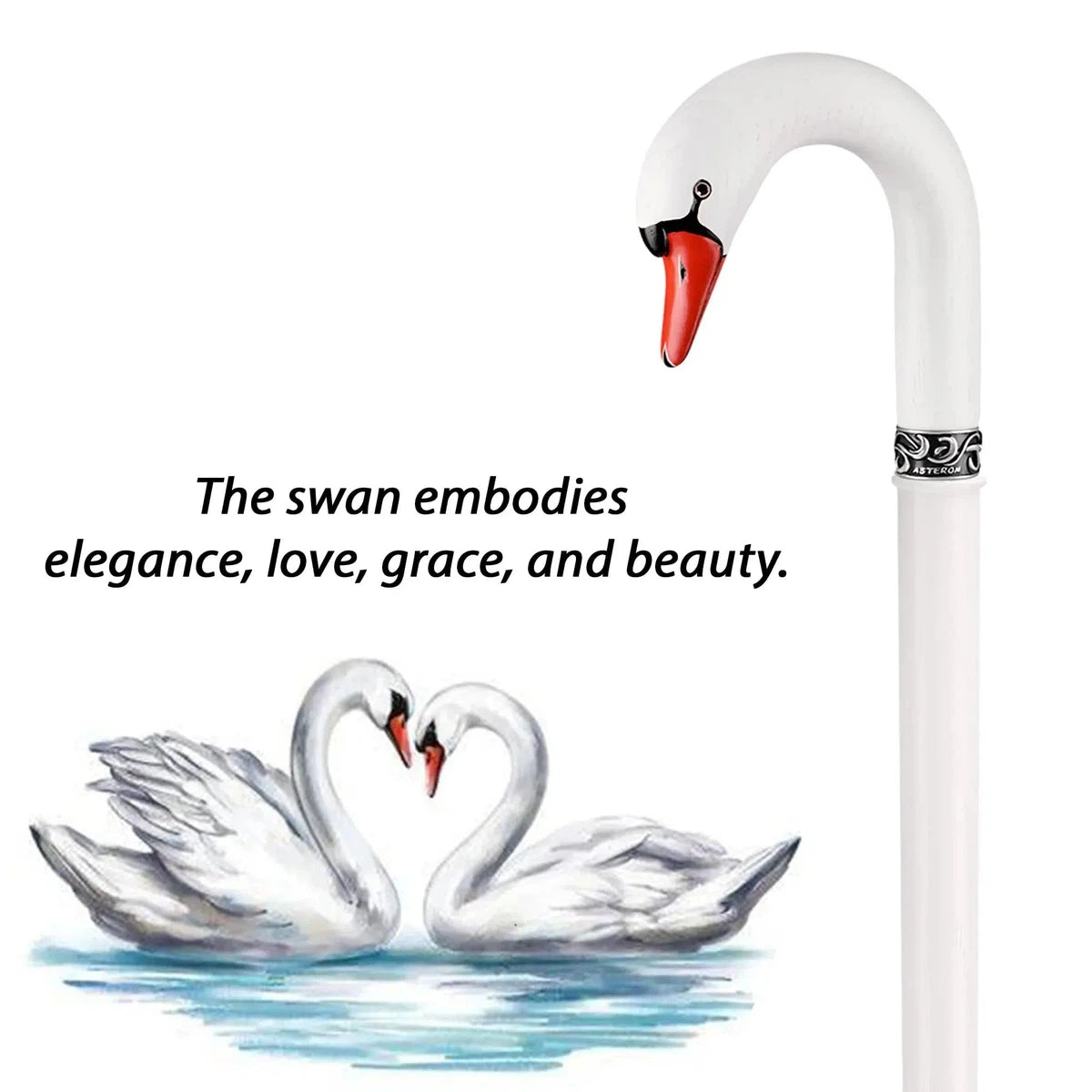 Custom Hand Painted And Hand Carved Solid Oak Swan Cane