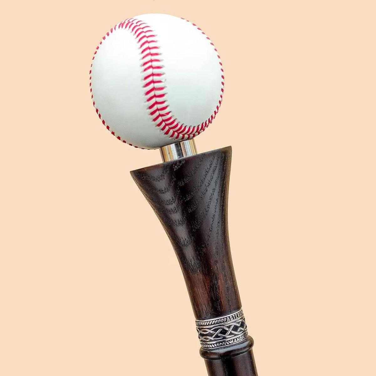 "Handcrafted Wooden Walking Cane for Men with Custom Baseball Knob - Elegant and Unique Carved Wood Walking Stick"