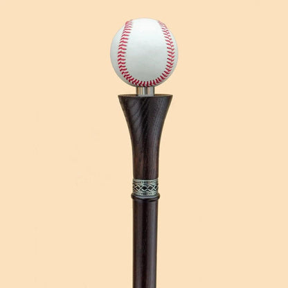 "Handcrafted Wooden Walking Cane for Men with Custom Baseball Knob - Elegant and Unique Carved Wood Walking Stick"