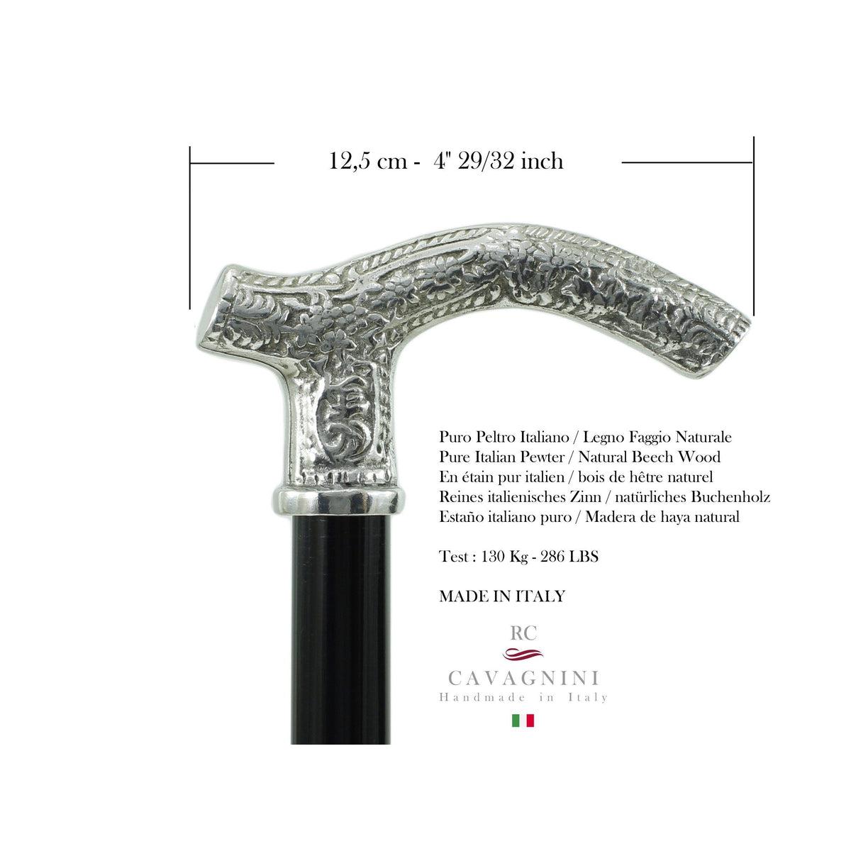 Custom Made Pure Pewter Patterned Fritz Handle Walking Cane