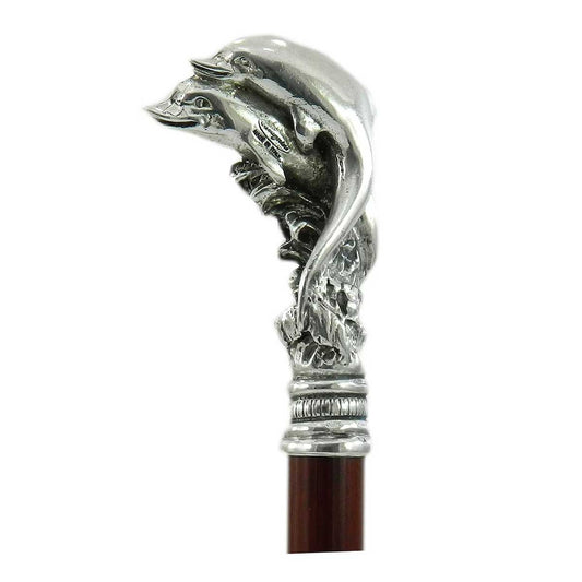 Custom Pewter Head Dolphin Cane Or Walking Stick Made In Italy
