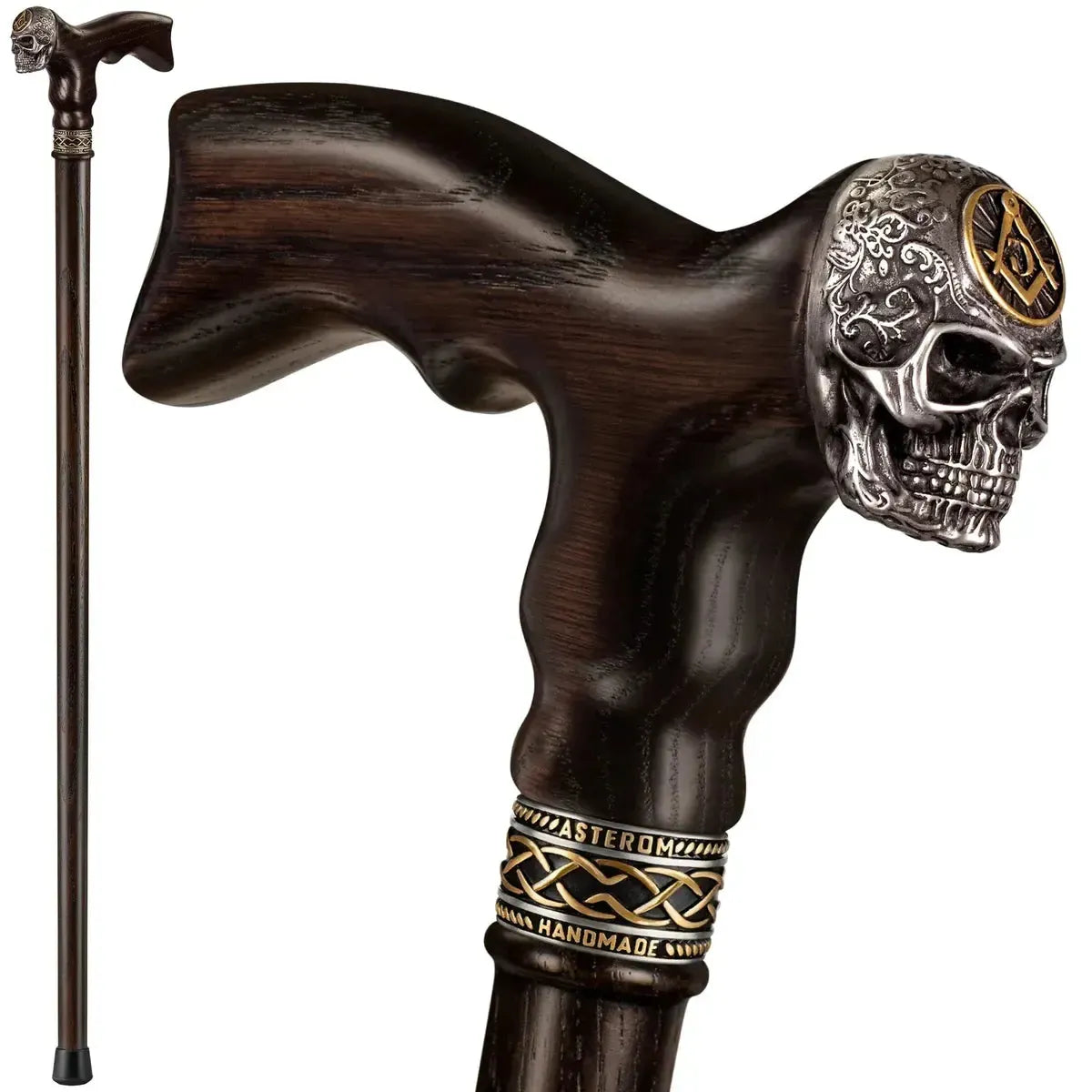 Freemason Skull Walking Cane – Handcrafted Oak Shaft, Masonic Symbol Head