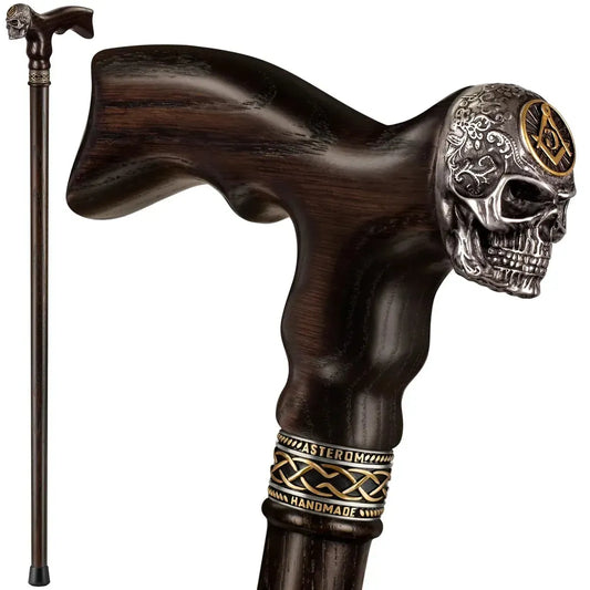 Freemason Skull Walking Cane – Handcrafted Oak Shaft, Masonic Symbol Head
