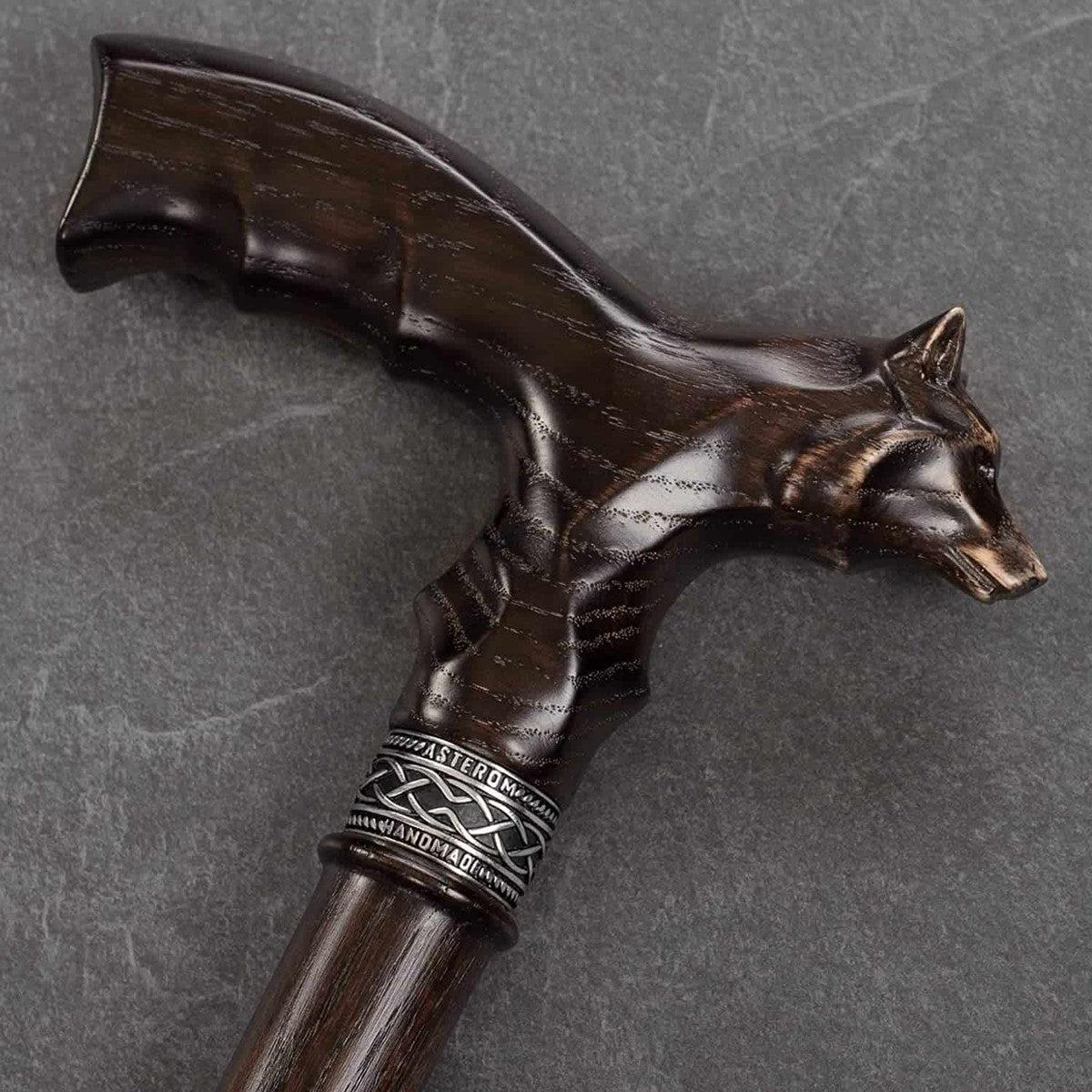 Unique Hand Carved Wooden Garmr Wolf Cane With Finger Grips