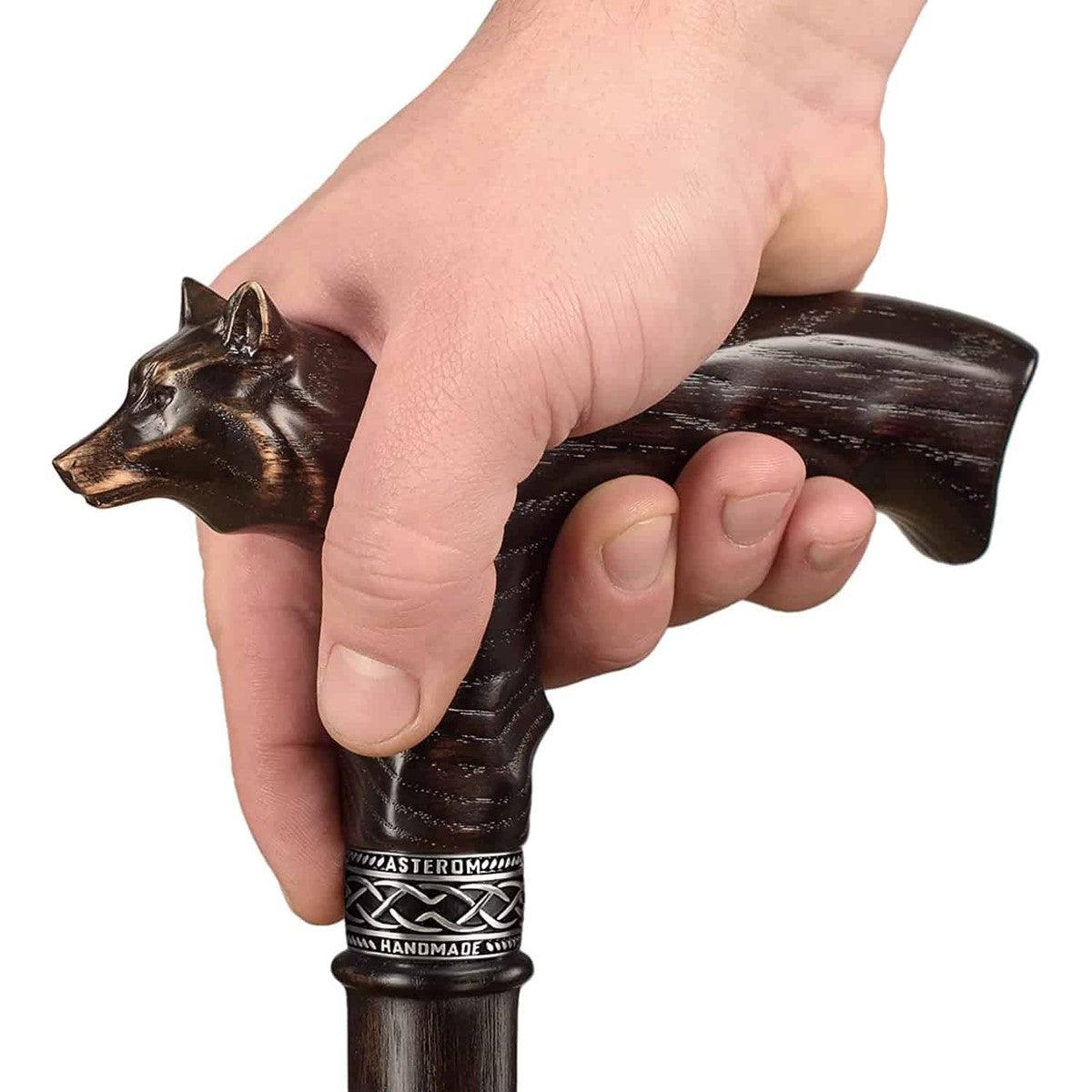 Unique Hand Carved Wooden Garmr Wolf Cane With Finger Grips