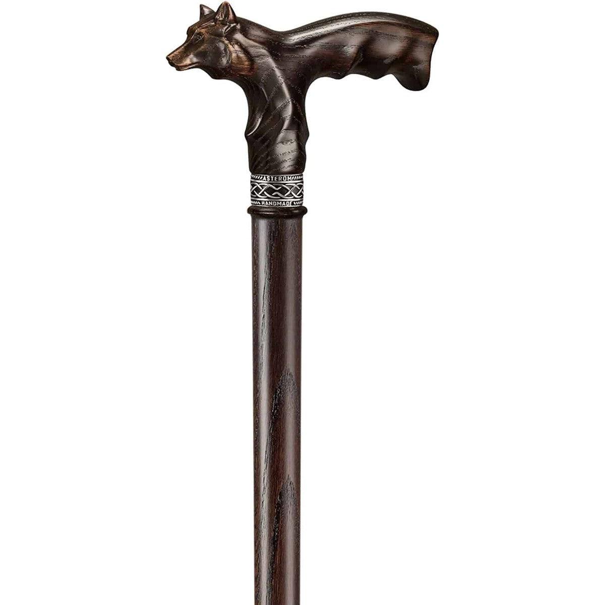 Unique Hand Carved Wooden Garmr Wolf Cane With Finger Grips