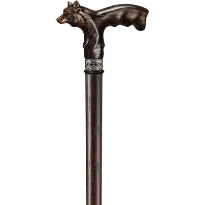 Unique Hand Carved Wooden Garmr Wolf Cane With Finger Grips