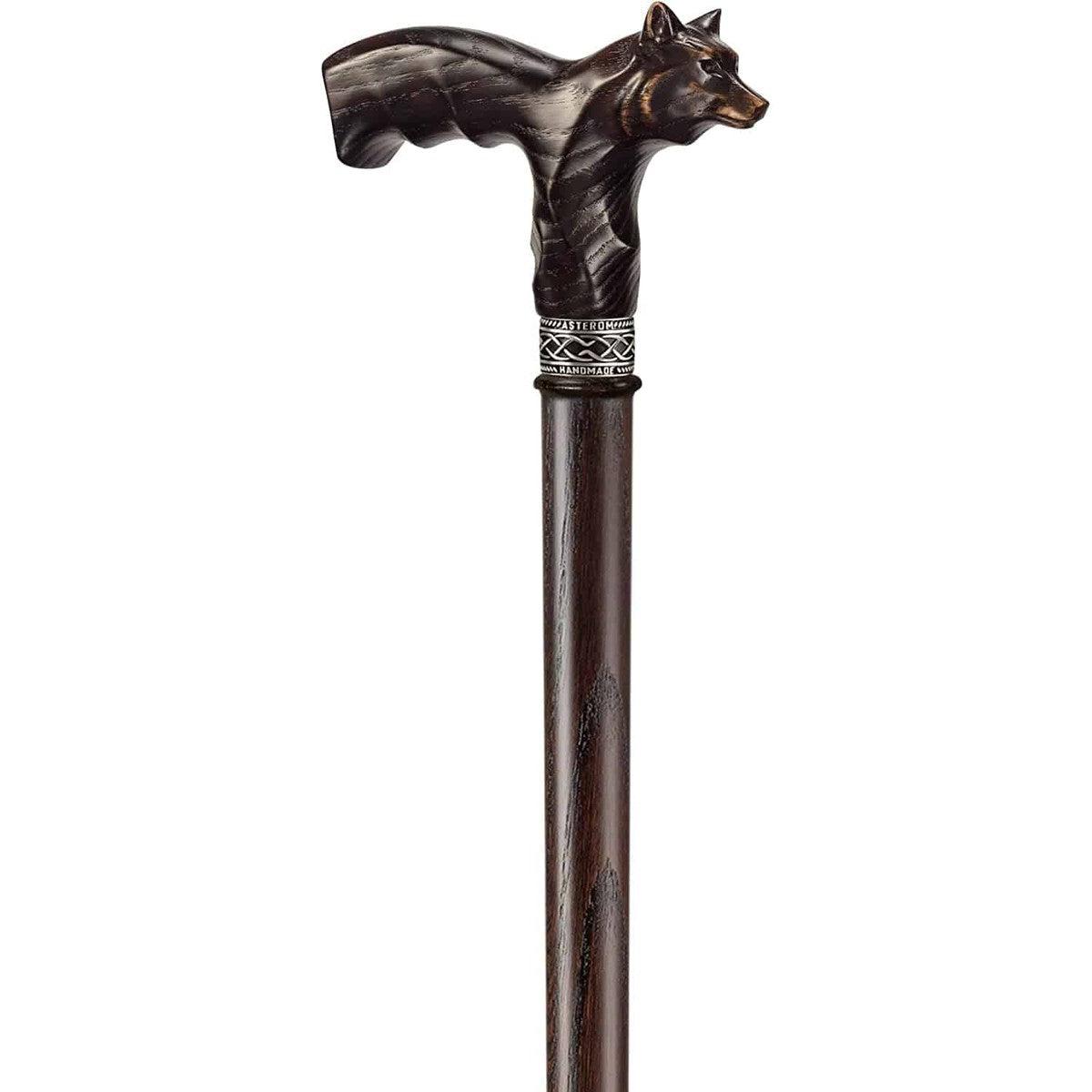 Unique Hand Carved Wooden Garmr Wolf Cane With Finger Grips