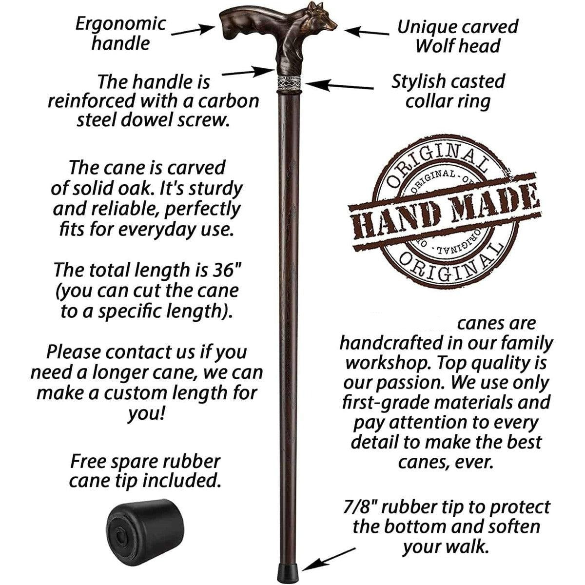 Unique Hand Carved Wooden Garmr Wolf Cane With Finger Grips