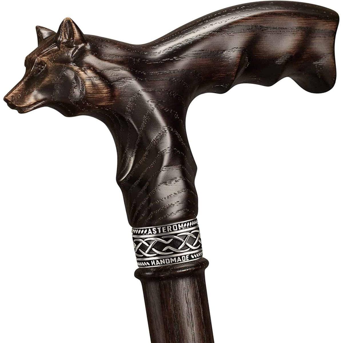 Unique Hand Carved Wooden Garmr Wolf Cane With Finger Grips