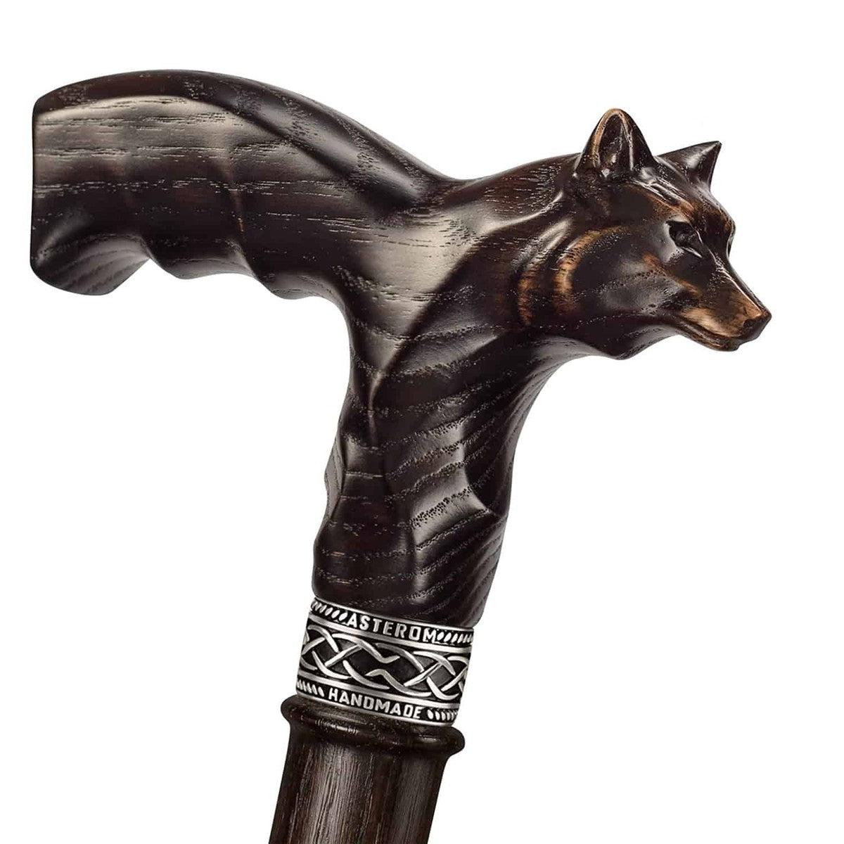 Unique Hand Carved Wooden Garmr Wolf Cane With Finger Grips