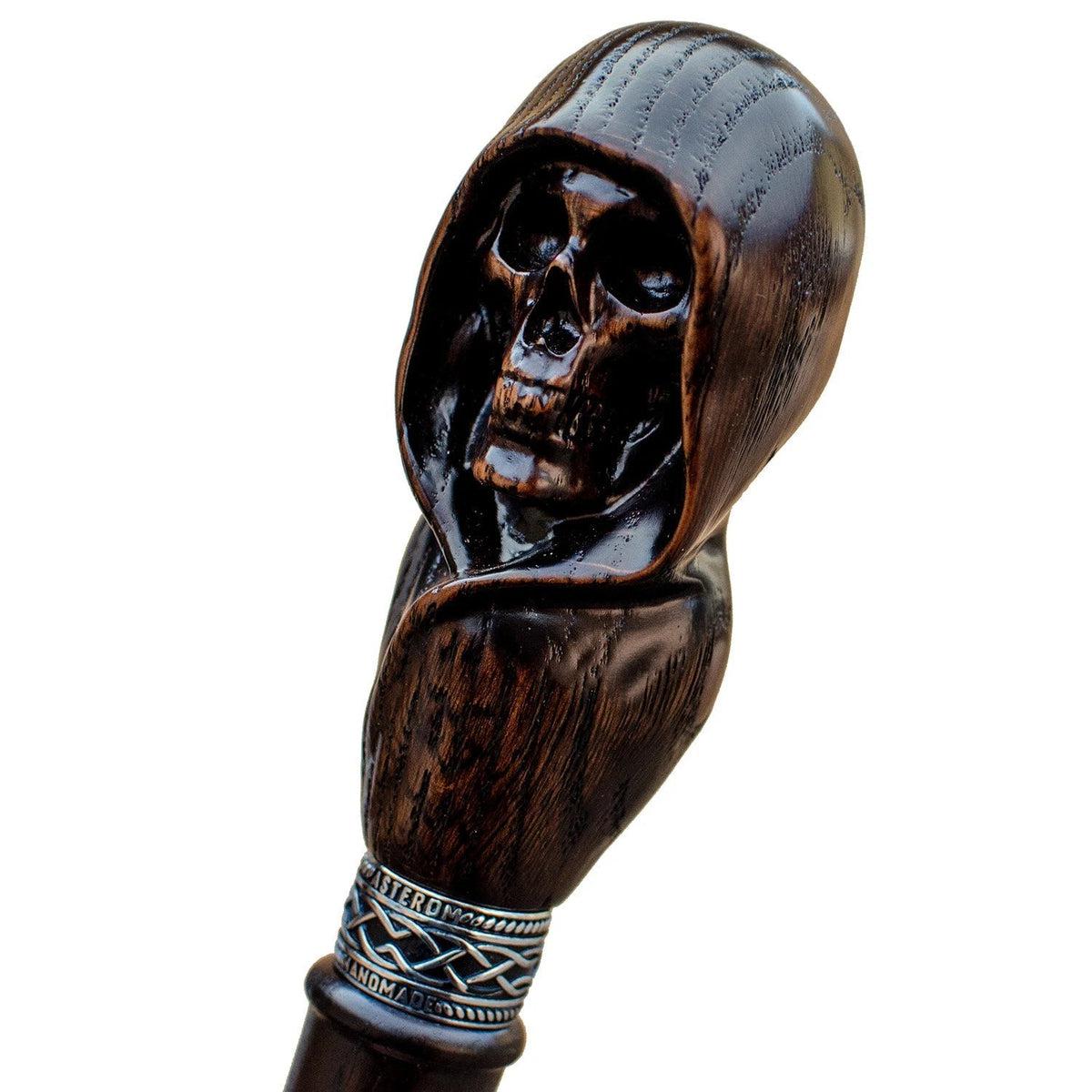 Hand-Carved Wooden Grim Reaper Skull Cane Or Walking Stick