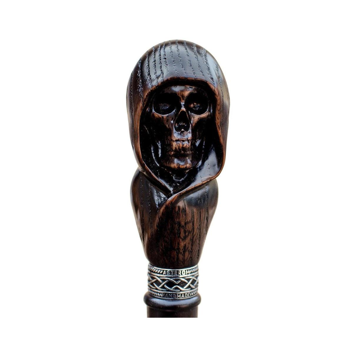 Hand-Carved Wooden Grim Reaper Skull Cane Or Walking Stick