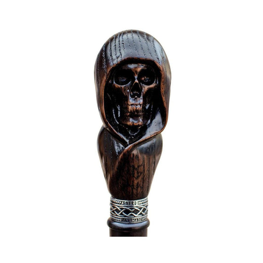 Hand-Carved Wooden Grim Reaper Skull Cane Or Walking Stick