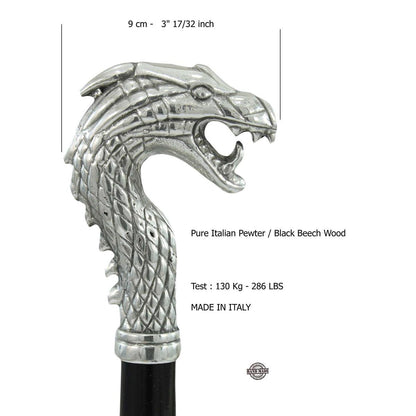 Pewter Dragon Head Wooden Walking Cane - Custom