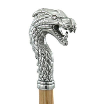 Pewter Dragon Head Wooden Walking Cane - Custom