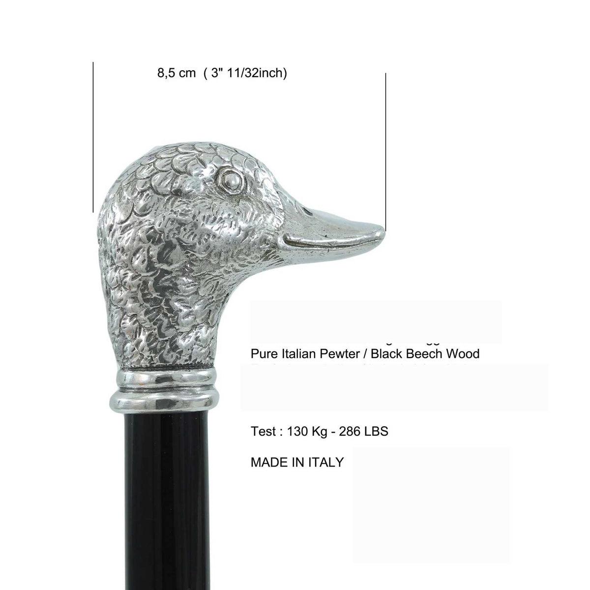 Pewter Duck Head Cane Or Walking Stick Custom Made In Italy